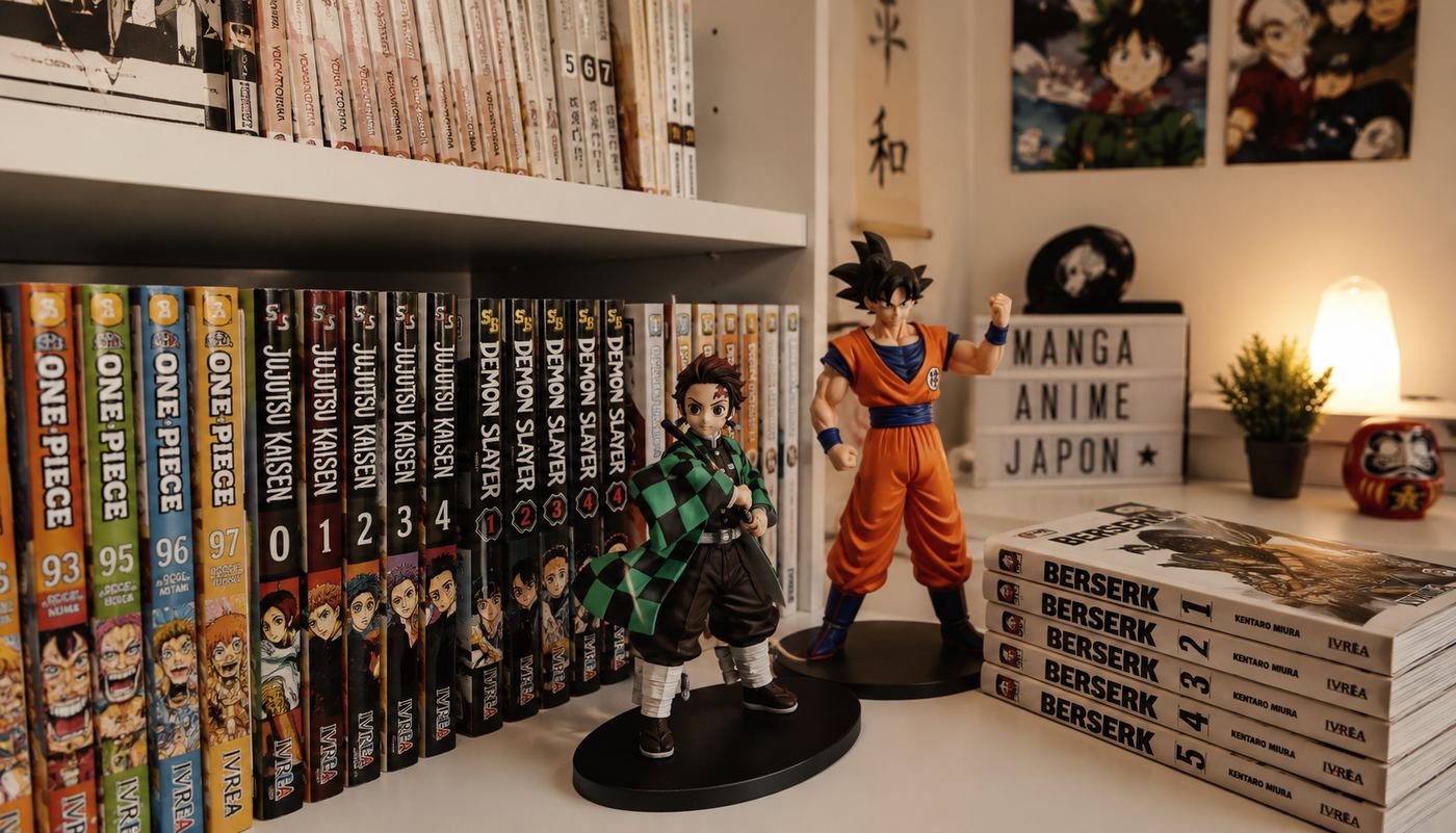Tienda de manga con figuras y volúmenes expuestos en el escaparate